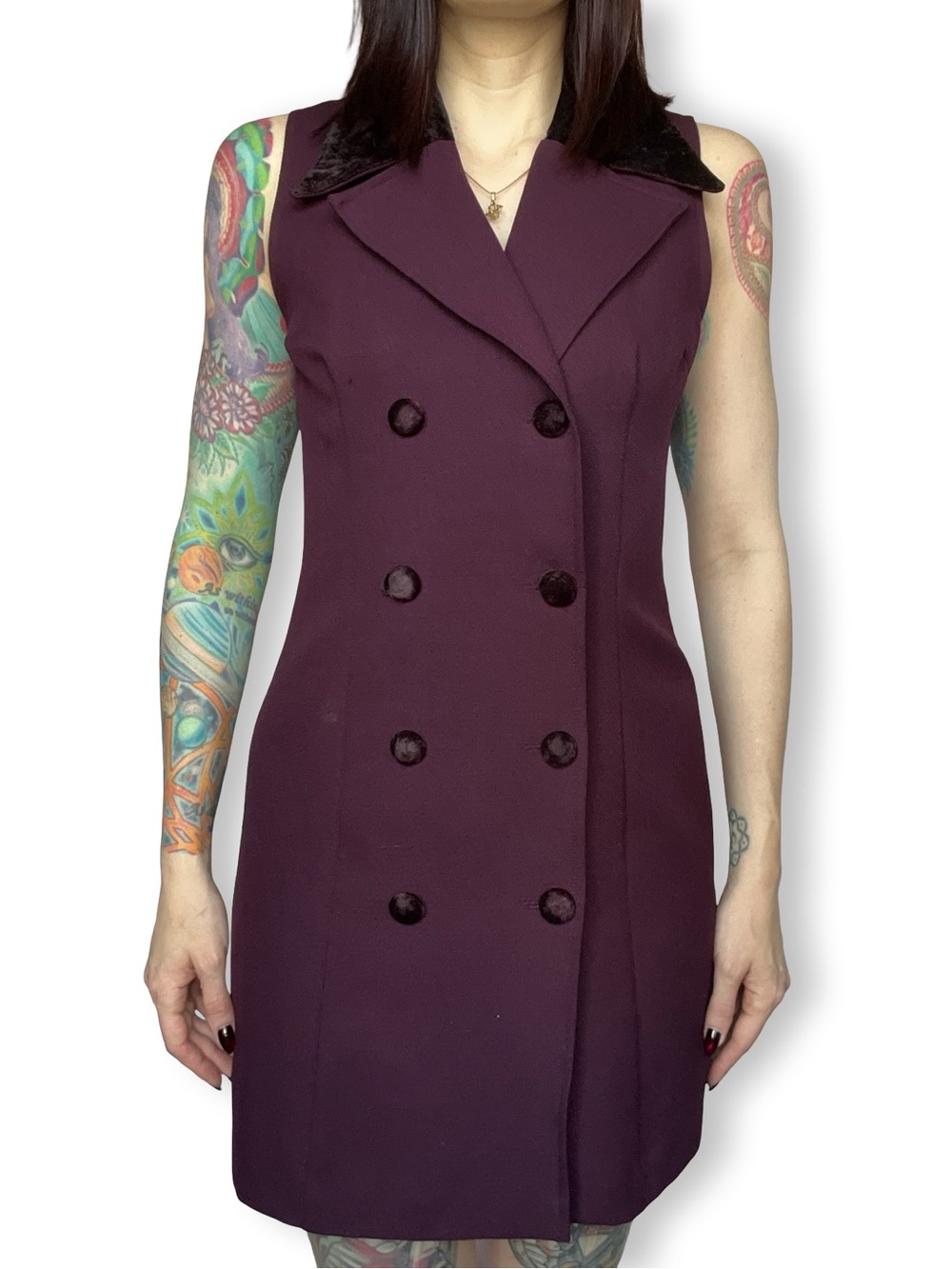Vintage 90s Purple Rayon Velvet Double Breasted Buttoned Blazer Tuxedo Dress